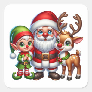 Cute Santa, Elf och Reindeer Jul Fyrkantigt Klistermärke