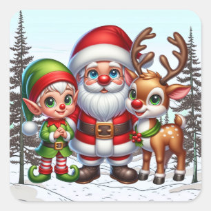 Cute Santa, Elf och Reindeer Jul Fyrkantigt Klistermärke