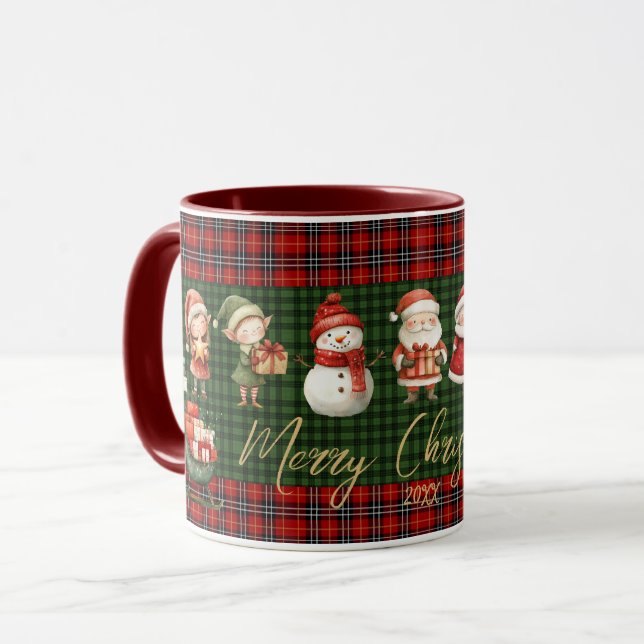 Cute Santa Elves Merry Christmas Green Red Plaids  Mugg (Framsida vänster)