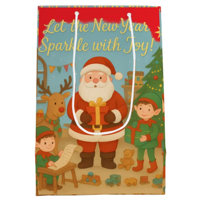 Cute Santa & Elves New Year Holiday Card (Baksidan)