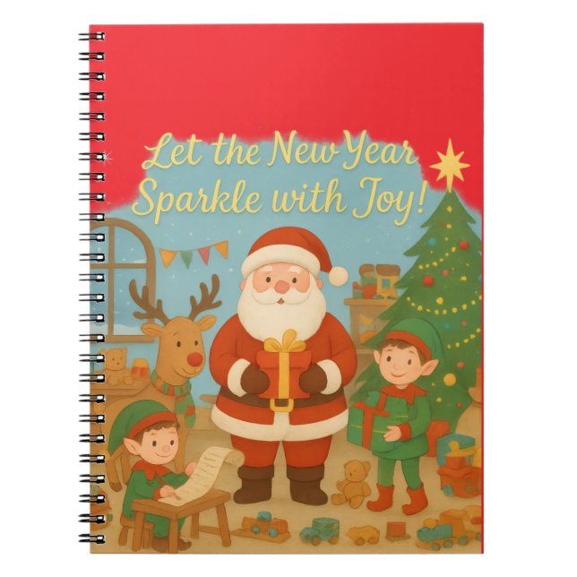 Cute Santa & Elves New Year Holiday Card Anteckningsbok (Framsidan)