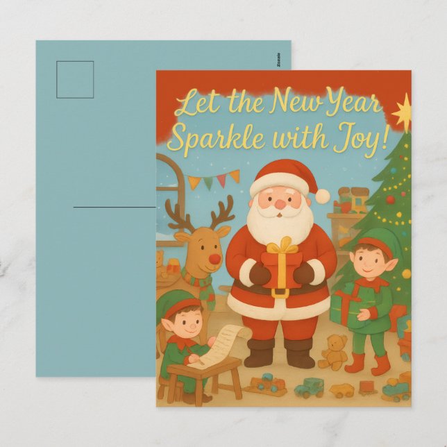 Cute Santa & Elves New Year Holiday Card Helg Vykort (Fram/baksida)