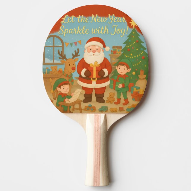 Cute Santa & Elves New Year Holiday Card Pingisracket (Framsidan)