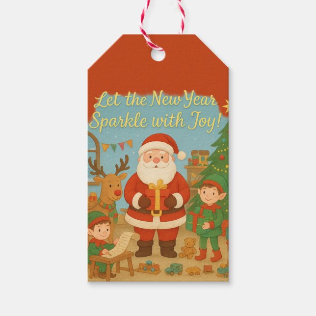 Cute Santa & Elves New Year Holiday Card Presentetikett (Framsidan)