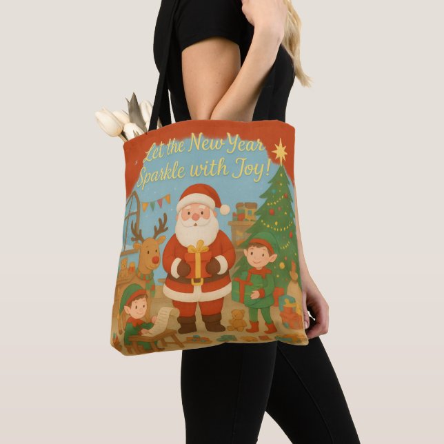 Cute Santa & Elves New Year Holiday Card Tygkasse (Närbild)