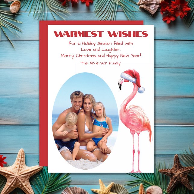 Cute Santa Flamingo Tropical Beach Photo jul Julkort (Cute Santa Flamingo Tropical Beach Photo Christmas Holiday Card)