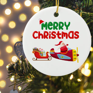 Cute Santa Flies in Airplan & Sleigh, Jul Julgransprydnad Keramik