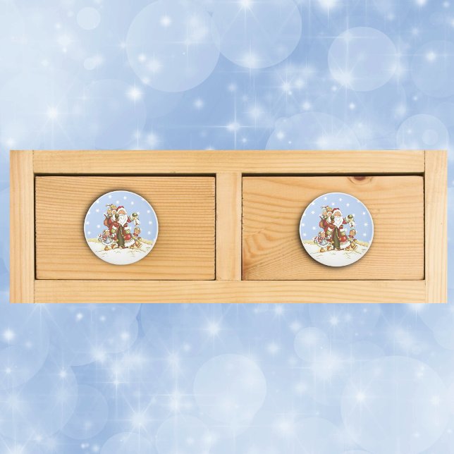 Cute Santa Folk Art Kids Snöflingor Knopp (Cute Santa Claus with Children lantern walking in snow on drawer knob pull.)