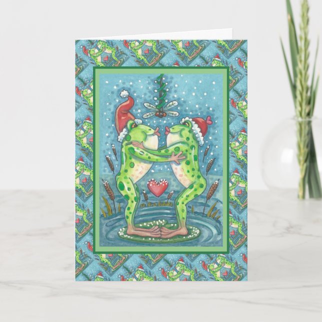 CUTE SANTA FROGS KISSING UNDER DRAGONFLY MISTLETOE HELGKORT (Framsida)