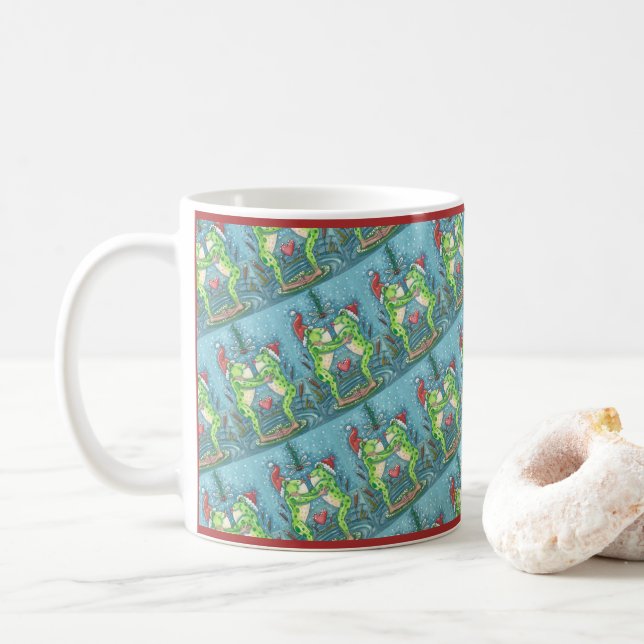 CUTE SANTA FROGS KISSING UNDER DRAGONFLY MISTLETOE KAFFEMUGG (Med munk)