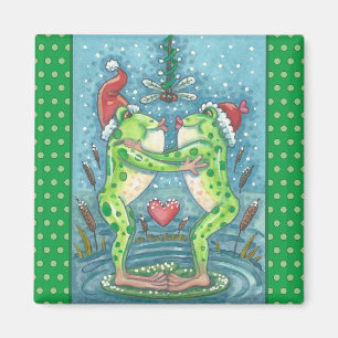 CUTE SANTA FROGS KISSING UNDER DRAGONFLY MISTLETOE MAGNET