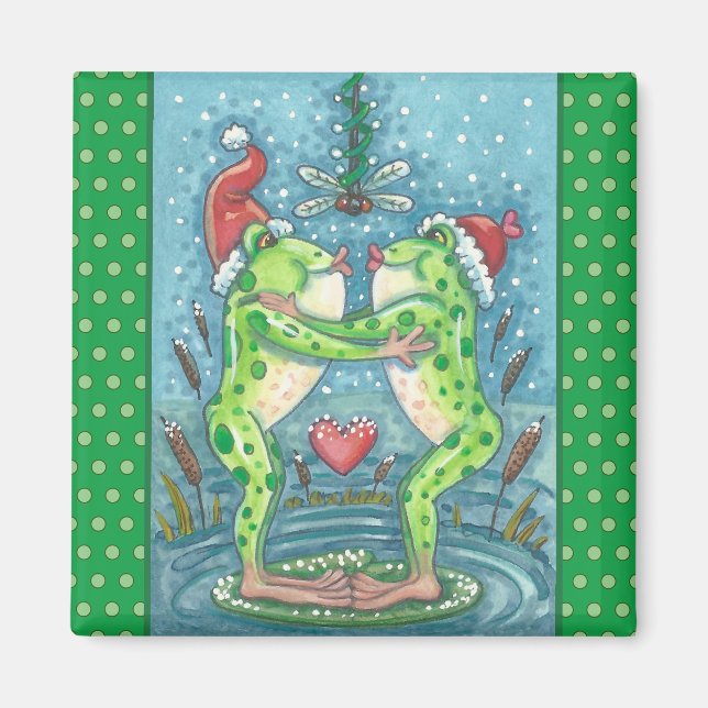 CUTE SANTA FROGS KISSING UNDER DRAGONFLY MISTLETOE MAGNET (Framsidan)