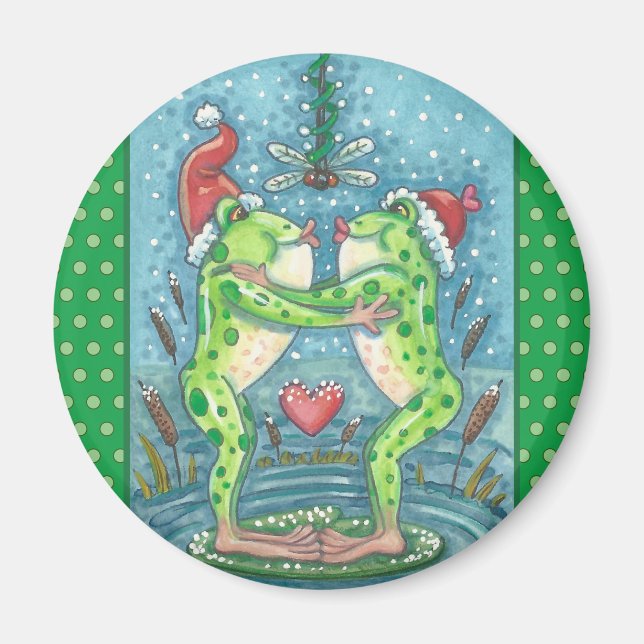 CUTE SANTA FROGS KISSING UNDER DRAGONFLY MISTLETOE MAGNET (Framsidan)