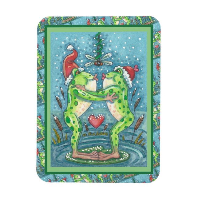 CUTE SANTA FROGS KISSING UNDER DRAGONFLY MISTLETOE MAGNET (Vertikal)