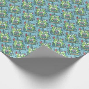 CUTE SANTA FROGS KISSING UNDER DRAGONFLY MISTLETOE PRESENTPAPPER