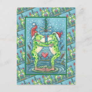 CUTE SANTA FROGS KISSING UNDER DRAGONFLY MISTLETOE VYKORT