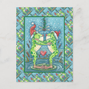 CUTE SANTA FROGS KISSING UNDER DRAGONFLY MISTLETOE VYKORT