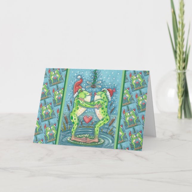 CUTE SANTA FROGS KISSSIFICERAS UNDER DRAGEN MISTLE HELGKORT (Framsida)