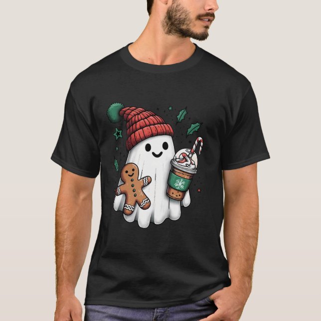 Cute Santa Ghost Drinking Coffee Ice Coffee Latte  T Shirt (Framsida)