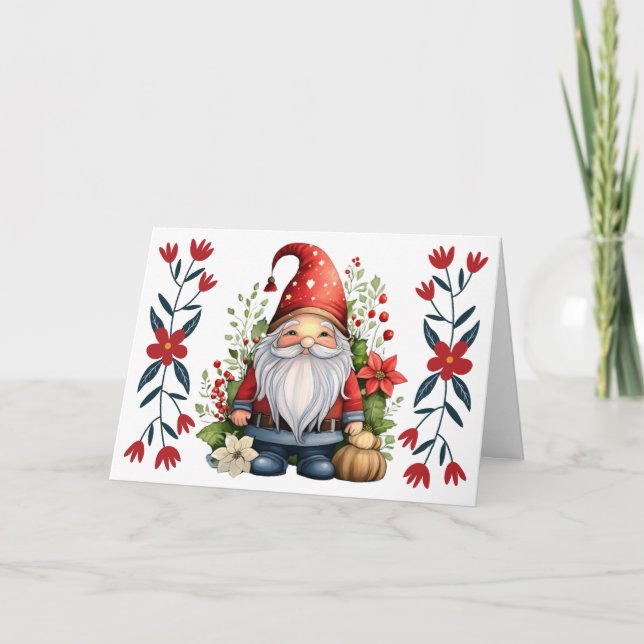 Cute Santa Gnome & Blommigts Blank julkort Helgkort (Framsida)
