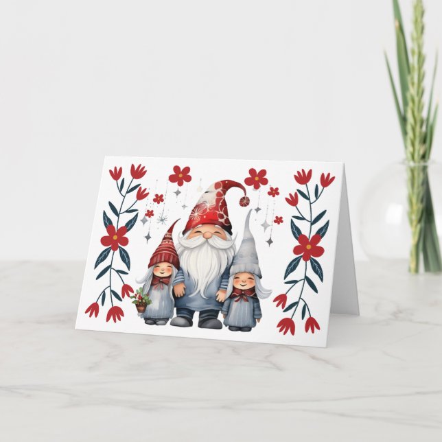 Cute Santa Gnome & Blommigts Blank julkort Helgkort (Framsida)