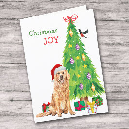Cute Santa Golden Retriever och Julgran Helgkort