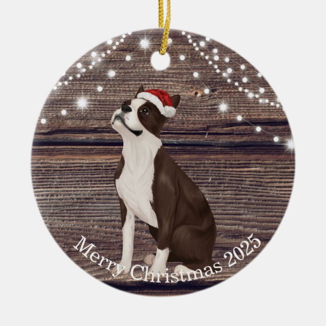 Cute Santa Hat Boston Terrier-jul Julgransprydnad Keramik (Framsidan)