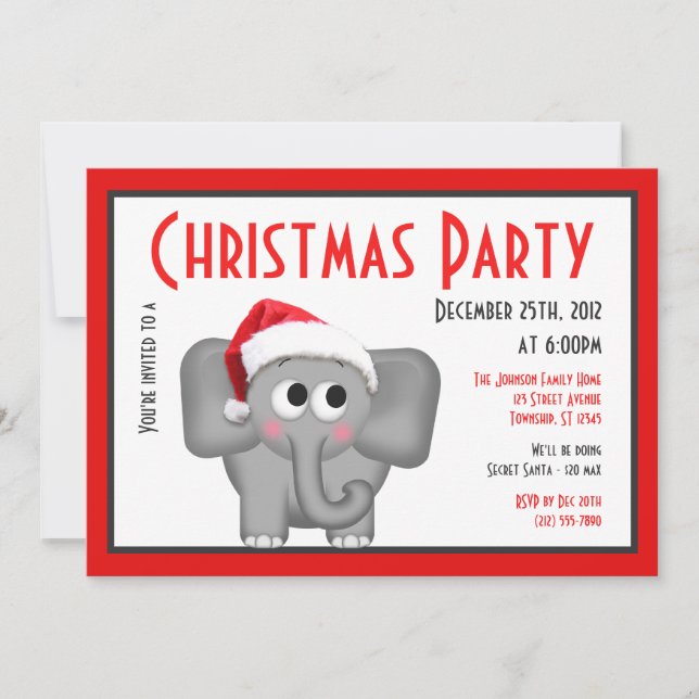 Cute Santa Hat Elephant - Julinbjudan Inbjudningar (Framsida)