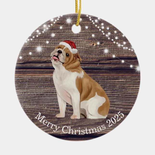 Cute Santa Hat English Bulldog jul Julgransprydnad Keramik (Framsidan)