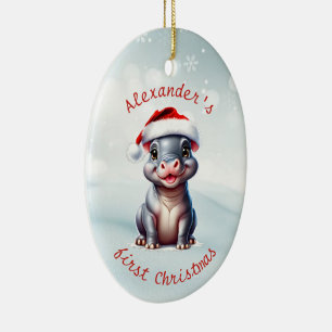 Cute Santa Hat Hippopotamus Första julsnön Julgransprydnad Keramik