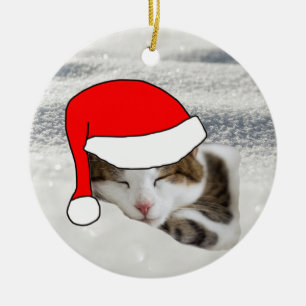 Cute Santa Hat Kitten Sleeping jul Ornament