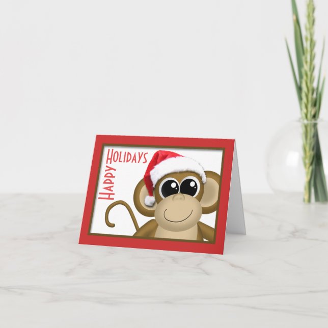 Cute Santa Hat Monkey "Glad helg"-kort Helgkort (Framsida)