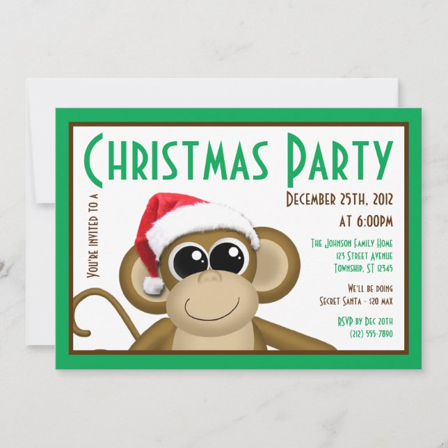 Cute Santa Hat Monkey - Gröntens julinbjudan Inbjudningar (Framsida)