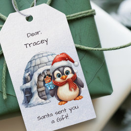 Cute Santa Hat Penguin Snöflingor Kids jul Presentetikett