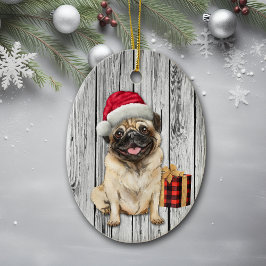 Cute Santa Hat Pug Hund på Wood Background Julgransprydnad Keramik
