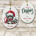 Cute Santa Hat Raccoon jul Julgransprydnad Keramik<br><div class="desc">På framsidan av detta söta barns julprydnad är en vacker baby-rackoon som håller en candy cane. Han bär en röd och vit julhatt och scarf. Några silver-snöflingor är splittrade och ert eget namn ligger vid grund. Baksidan av dekorationen har ett God jul-meddelande och din namnteckning. AI generativ innehåll.</div>