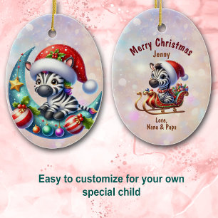 Cute Santa Hat Zebra Måne och Sleigh Kids Julgransprydnad Keramik