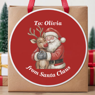 Cute Santa & Hjort Personlig Red-julgåva Runt Klistermärke
