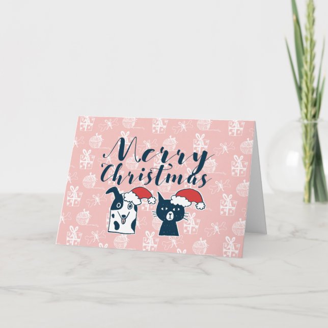 Cute Santa Hund & Cat Illustration-jul Helgkort (Framsida)