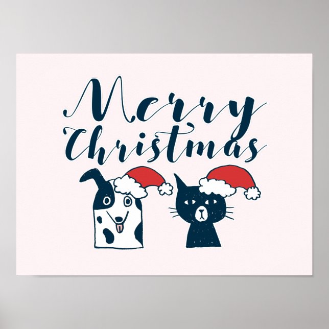 Cute Santa Hund & Cat Teckning | GOD JUL Poster (Framsidan)