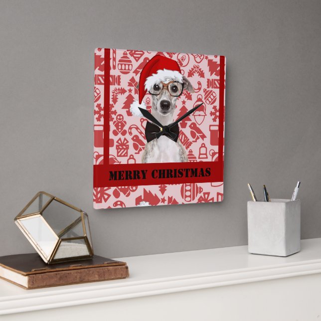 Cute Santa Hund jul Fyrkantig Klocka (Kontor)