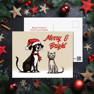 Cute Santa Hund och Cat Merry och Bright jul Helg Vykort