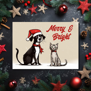 Cute Santa Hund och Cat Merry och Bright jul Helgkort