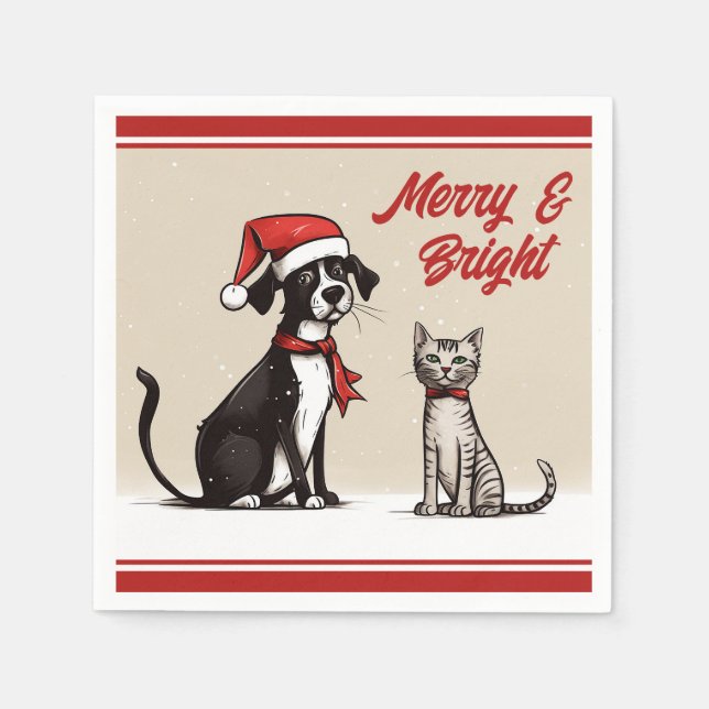 Cute Santa Hund och Cat Merry och Bright jul Pappersservett (Framsidan)