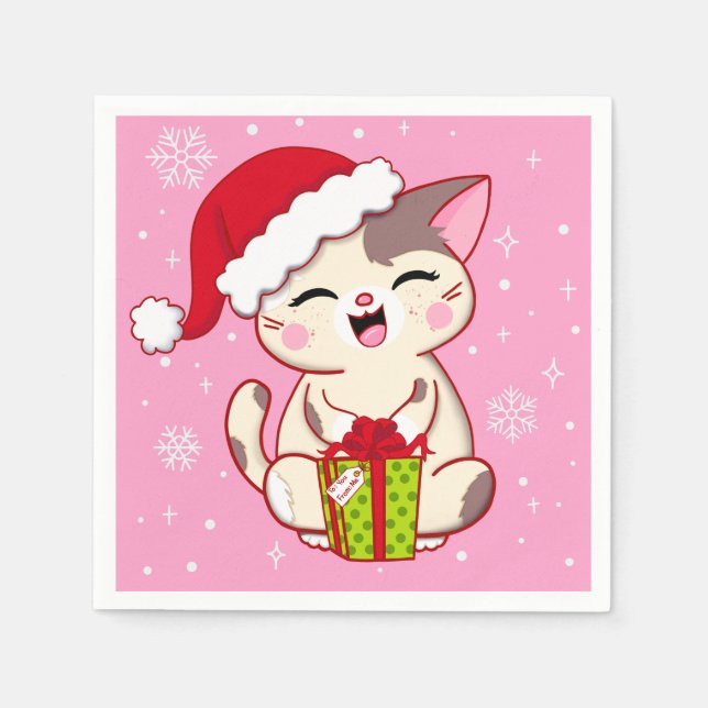 Cute Santa Kattunge Rosa Party Napkins Pappersservett (Framsidan)