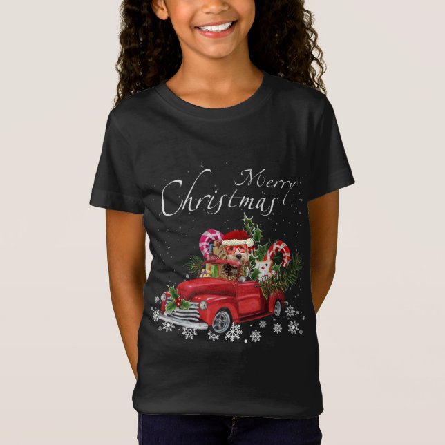 Cute Santa Labradoodle Riding Red Lastbil Merry Ch T Shirt (Framsida)