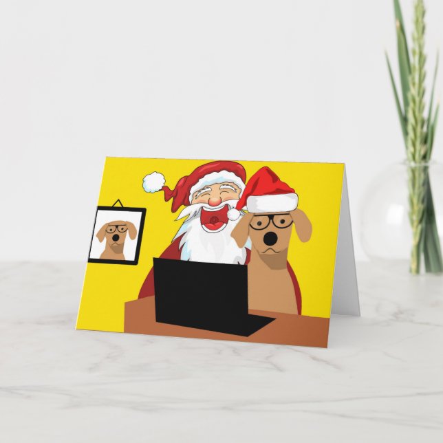 Cute Santa och Hund på datorjulkort Helgkort (Framsida)