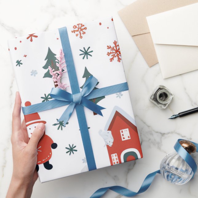 Cute Santa och julafton träd tryckte rött och vitt Presentpapper (Gifting)