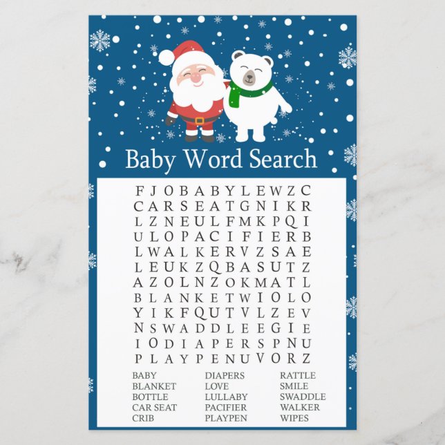 Cute Santa och polar björn Baby Shower Ord Search (Framsida)