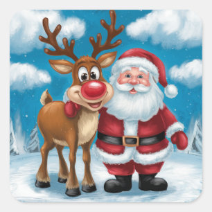 Cute Santa och Rudolph, julscenen Snö Fyrkantigt Klistermärke